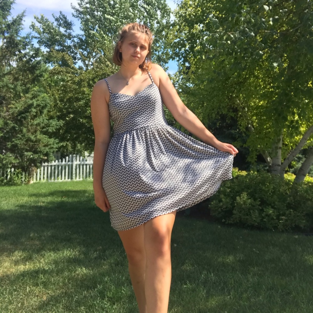 cream and navy blue chevron dress